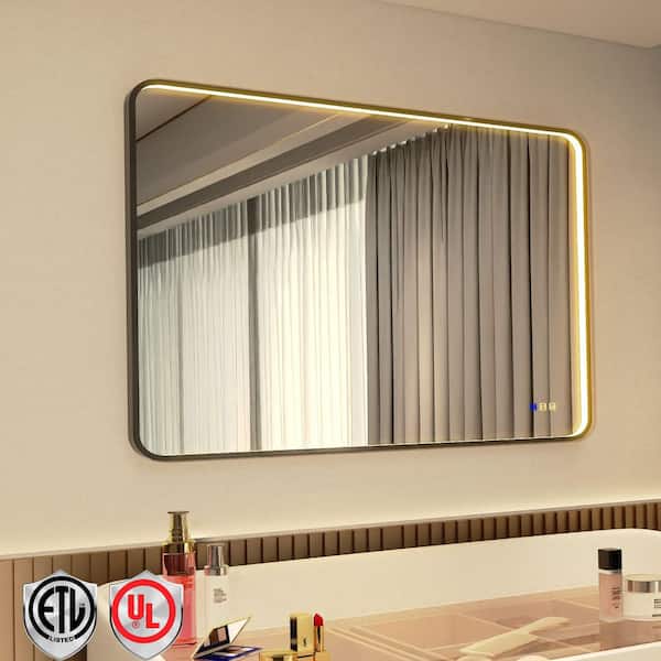 48 in. W x 32 in. H Rectangular LED Front Framed Light Black Aluminum Rounded Wall Makeup Mirror