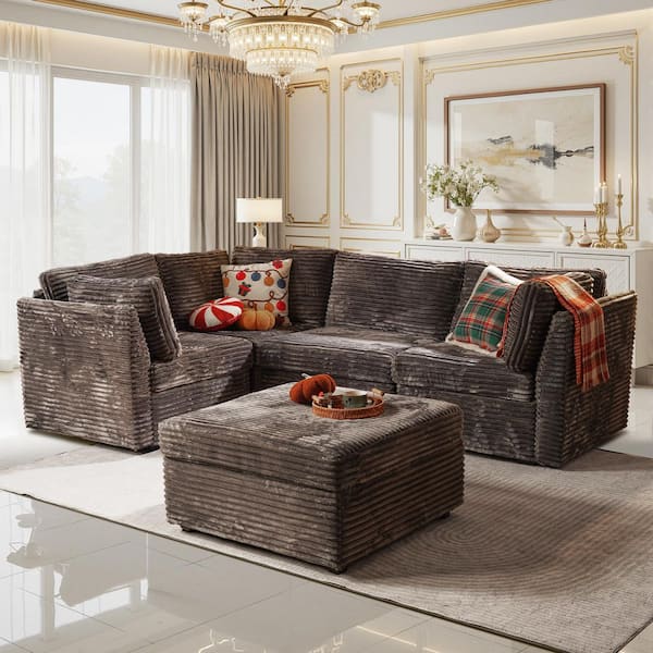 CUKE 95 in. Wide 5-Piece Modern Deep Seat Plush Corduroy L-Shape Modular Sectional Sofa Couch in Gray with Ottoman