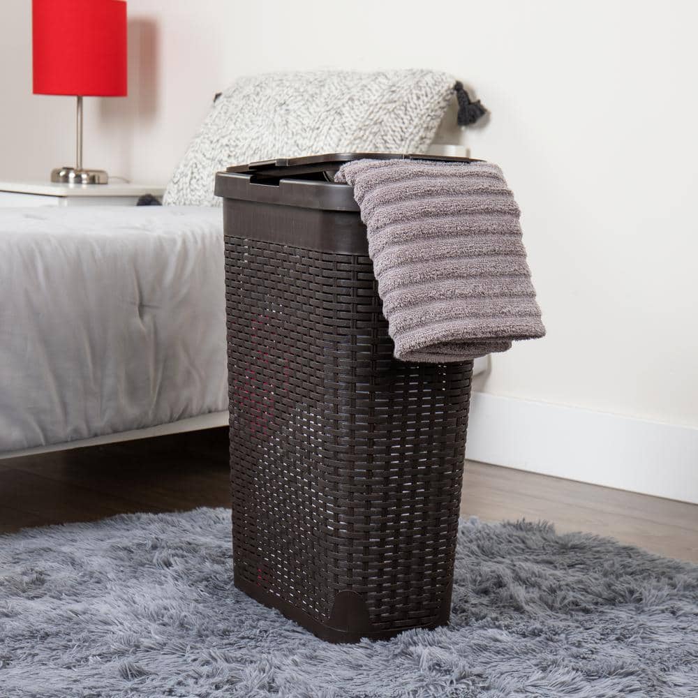 Brown Plastic Wicker Design Collapsible Laundry Basket with Lid