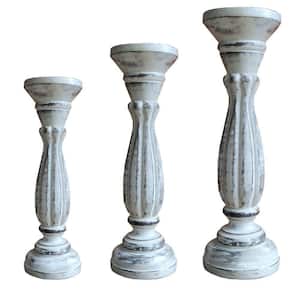 Distressed White Handmade Wooden Candle Holder with Pillar Base Support (Set of 3)