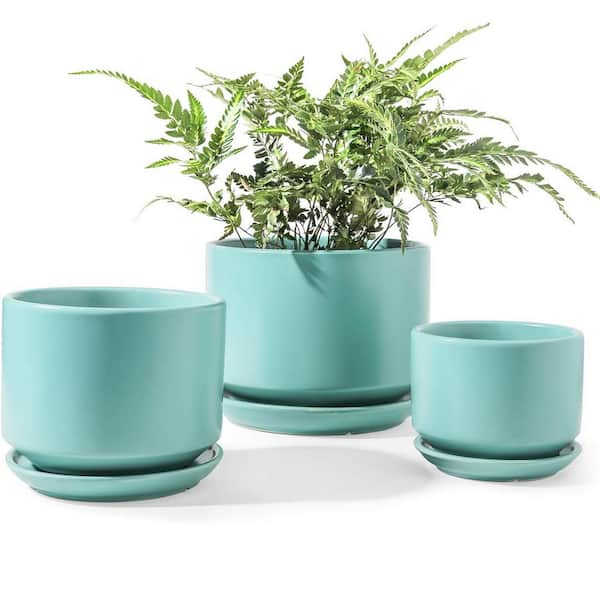 ITOPFOX Modern 6.8 in. L x 6.8 in. W x 5.3 in. H Aqua Ceramic Round Indoor Planter (3-Pack)