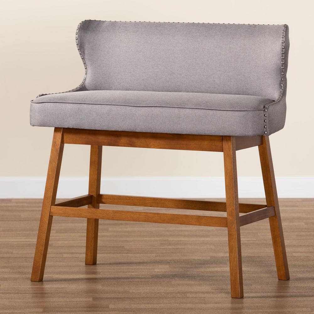 Gray Fabric Button-Tufted Bar Bench with Walnut Legs