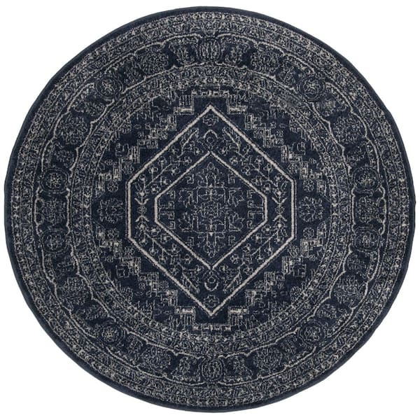 Adirondack Navy/Ivory 12 ft. x 12 ft. Border Medallion Round Area Rug