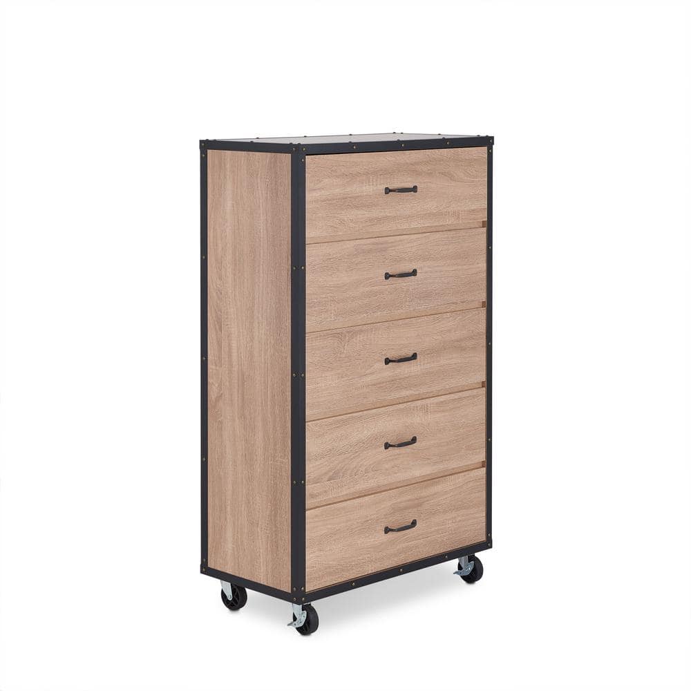 Weathered Light Oak Industrial Chest with Casters and Felt Lined Drawers