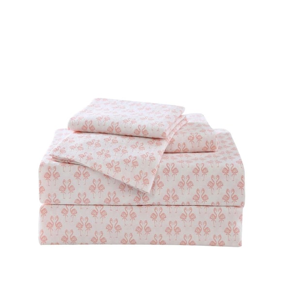 Photo 1 of Flamingle 4-Piece Pink Botanical Washed Cotton Queen Sheet Set