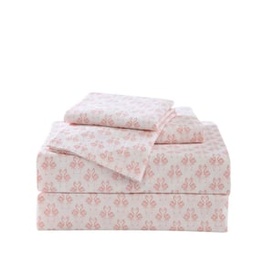 Flamingle 4-Piece Pink Botanical Washed Cotton Queen Sheet Set