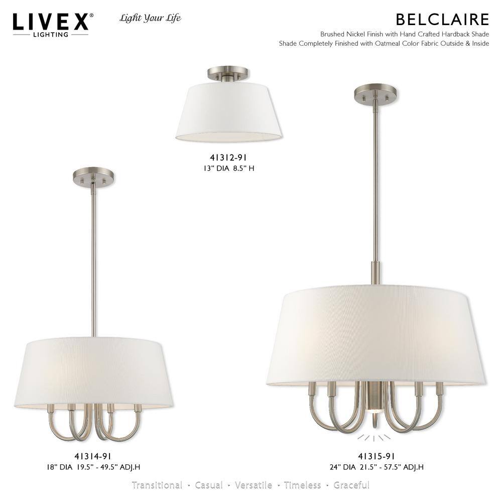 Belclaire 6-Light Brushed Nickel Pendant with Off-White Drum Shade