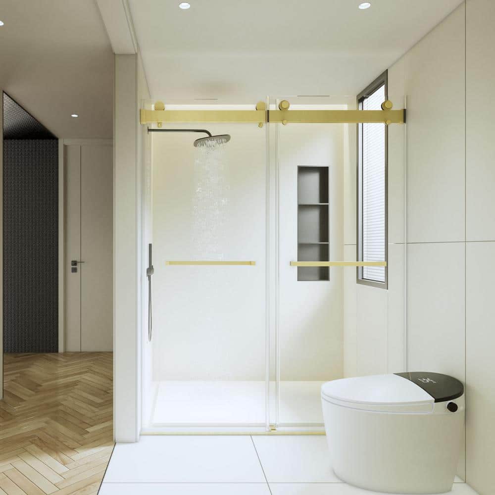 Brushed Gold Frameless Double Sliding Shower Door with Clear Glass