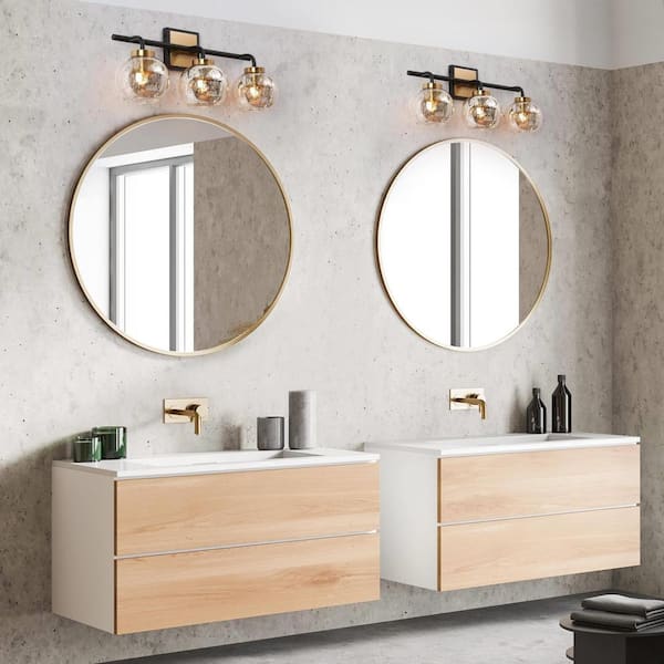 22 in. 3-Light Black and Gold Bathroom Vanity Light, Modern Vintage Brass Vanity Light, Globe Mercury Glass Wall Sconce
