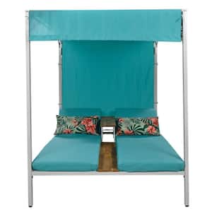 2-Person Metal Outdoor Day Bed, Patio Sunbed with Adjustable Seats, Soft Blue Cushions, Throw Pillows and Canopy