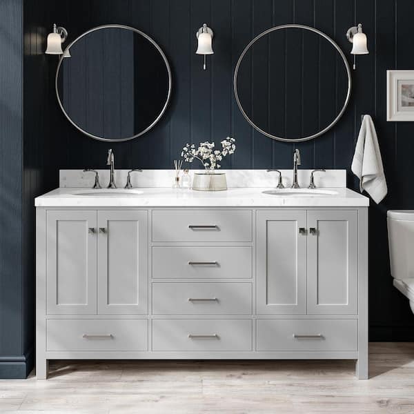 ARIEL Cambridge 66 in. W x 22 in. D x 36 in. H Double Oval Sink Bath Vanity in Grey with Carrara White Quartz Top