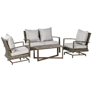 4-Piece Outdoor Rattan Patio Conversation Set with Light Gray Cushions
