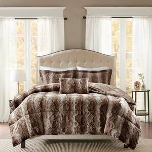 Marselle 4-Piece Chocolate Animal Print Faux Fur Polyester Full/Queen Comforter Set