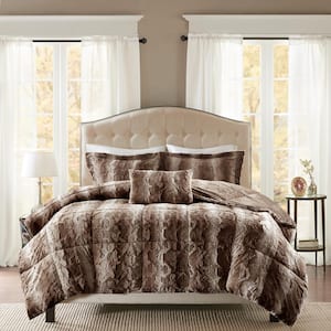 Marselle 4-Piece Chocolate Animal Print Faux Fur Polyester King Comforter Set