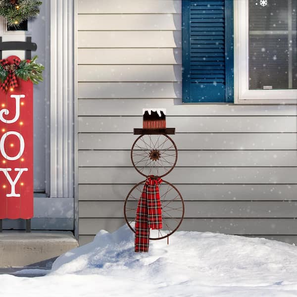 Glitzhome 36 in. H Metal Bike Wheel Snowman Yard Stake Wall Dcor