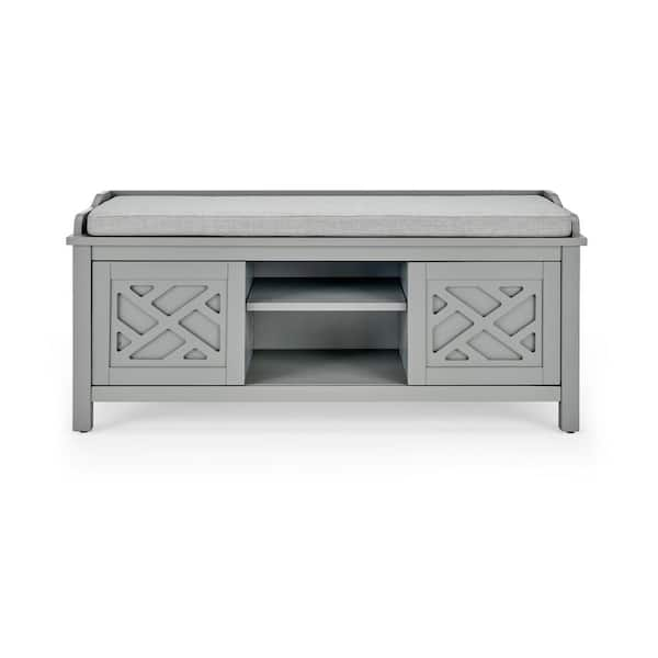 Grey storage bench with shop cushion