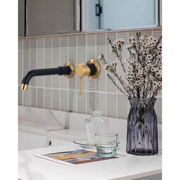 Single Handle Wall Mounted Bathroom Faucet in Black and Gold, Swivel Spout Basin Faucet with Rough-in Valve