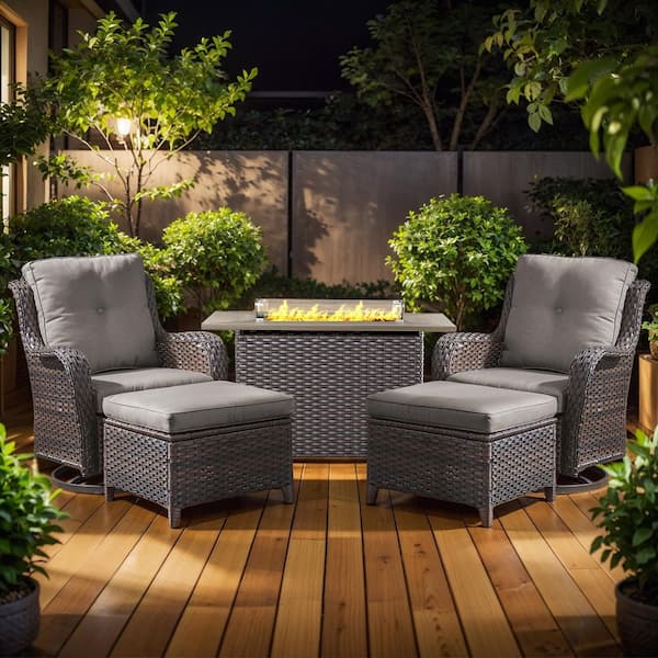 Arcline 5-Piece Brown Wicker Fire Pit Conversation Set with Olefin Gray Cushions and Swivel Gliders and Ottoman