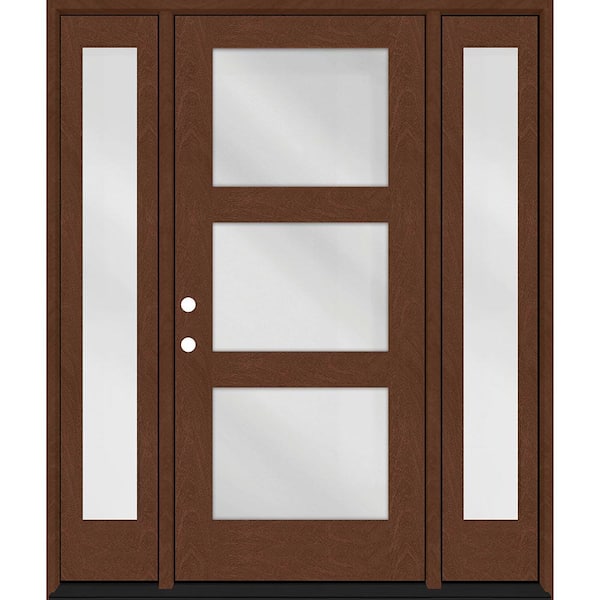 Steves & Sons Regency 64 in. x 80 in. Modern 3-Lite Clear Glass RHIS Chestnut Mahogany Fiberglass Prehung Front Door w/Dbl 12 in. SL
