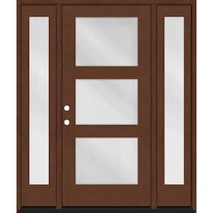 Regency 68 in. x 80 in. Modern 3-Lite Equal Clear Glass RHIS Chestnut Mahogany Fiberglass Prehung Front Door 14 in. SL