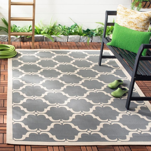 Courtyard Anthracite/Beige 9 ft. x 12 ft. Border Indoor/Outdoor Patio  Area Rug