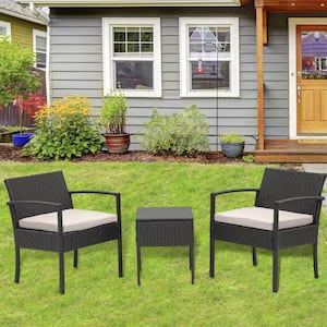 3-Piece Rattan Wicker Patio Conversation Set Outdoor Table and Chairs with Gray Cushions
