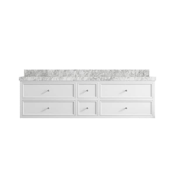 Willow Collections Roswell Floating 72 in. Double Sink Freestanding White Bath Vanity with Carrara Marble Top