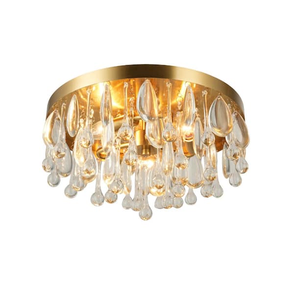 Cascade 13 in. 3-Light Brushed Gold Flush Mount with Crystal Shade