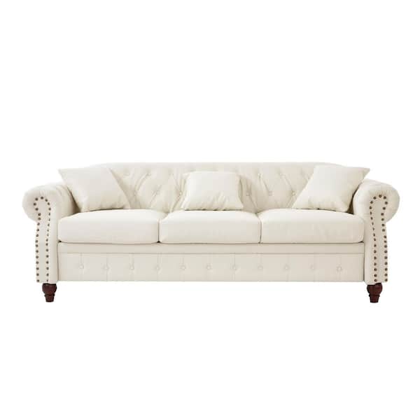 85.8 in. W Flared Arm Faux Leather Classic Curved Sofa in Ivory White, 3-Seater Sofa with Storage