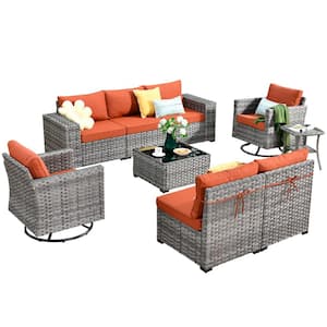 Tahoe Grey 9-Piece Wicker Outdoor Patio Conversation Sofa Set with Swivel Rocking Chairs and Orange Red Cushions