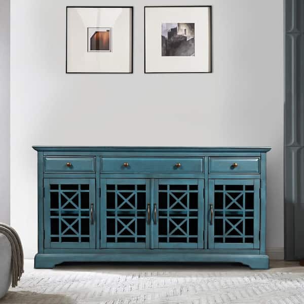 Benjara 60 in W Antique Blue Wooden Media Unit Fits 60 in. TV with 3-Drawers