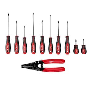 Screwdriver Set with 10-24 AWG Compact Dipped Grip Wire Stripper and Cutter (11-Piece)