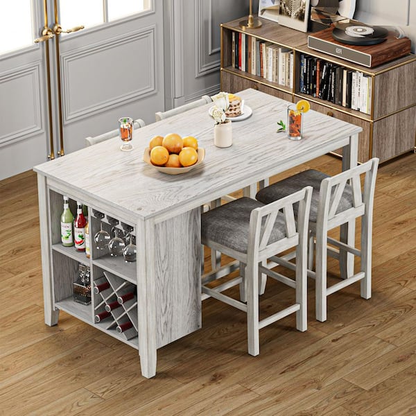 5-Piece Wood Top Dining Table Set with Wine Rack, Glass Holder and 4 Upholstered Bar Stools Gray Kitchen Table Set