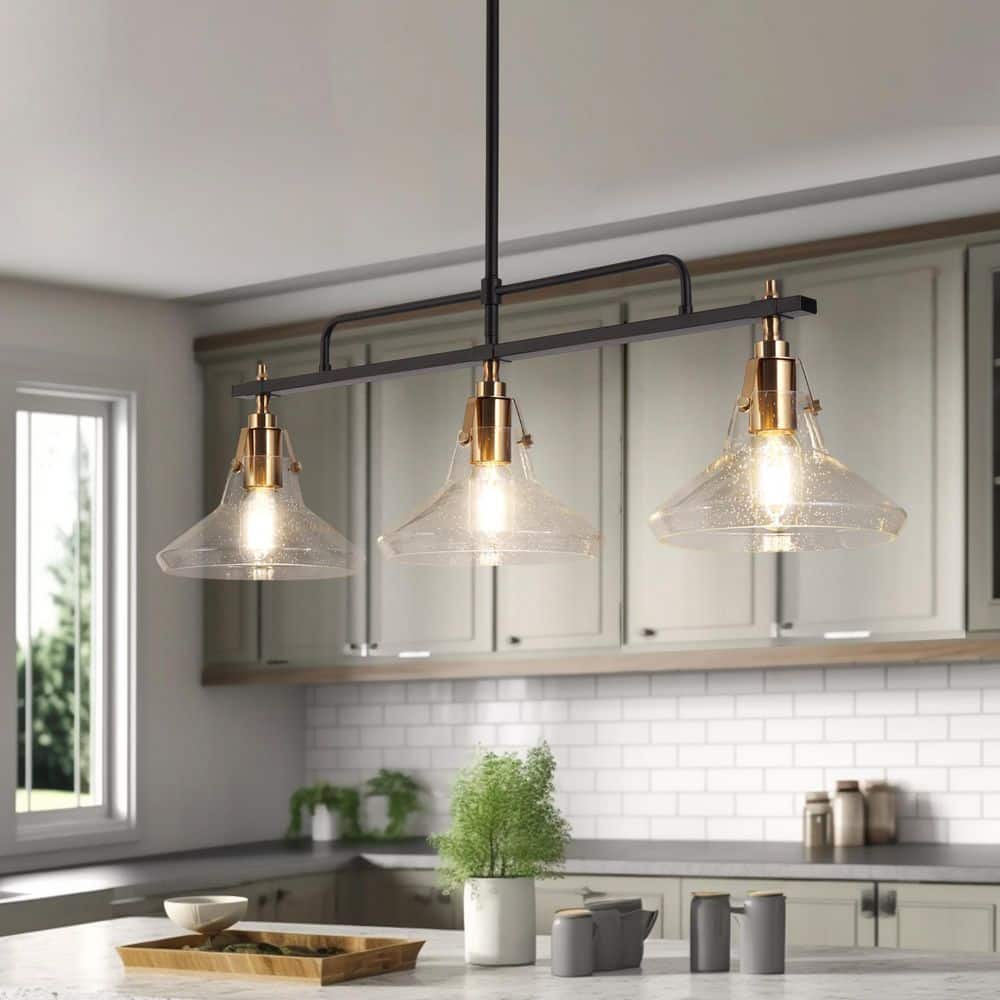 Zevni Tencanonia Modern 3-Light Black and Brass Island Lamp with
