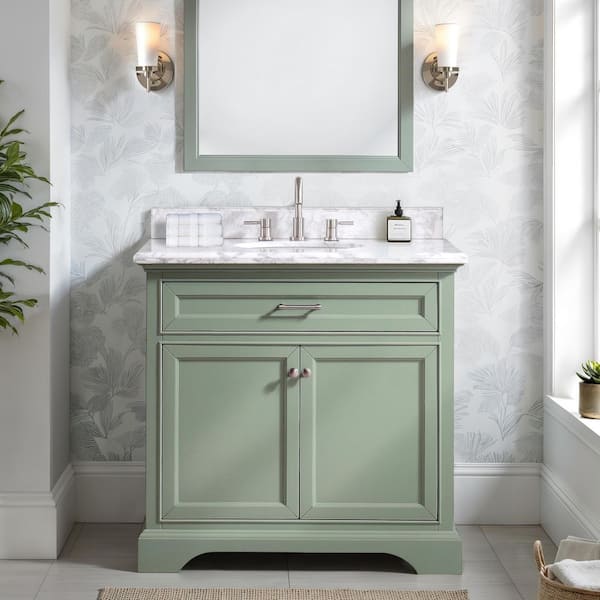 Home Decorators Collection Windlowe 37 in. Single Sink Green Bath Vanity with White Carrara Marble Top (Assembled)