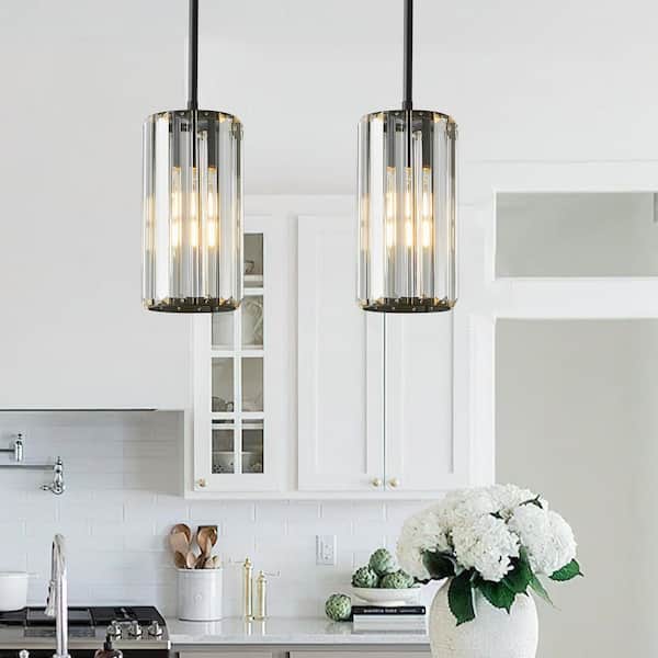 Home Lighting 40 watts 2-Light Modern Black Pendant Design Mini Pendant Light With Crystal Shade Type, No Bulbs Included
