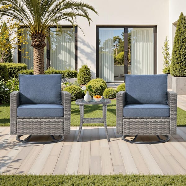 Gray 3-Piece Wicker Patio Outdoor Lounge Chair Swivel Rocking Chairs with Denim Blue Cushion and Side Table for Porch
