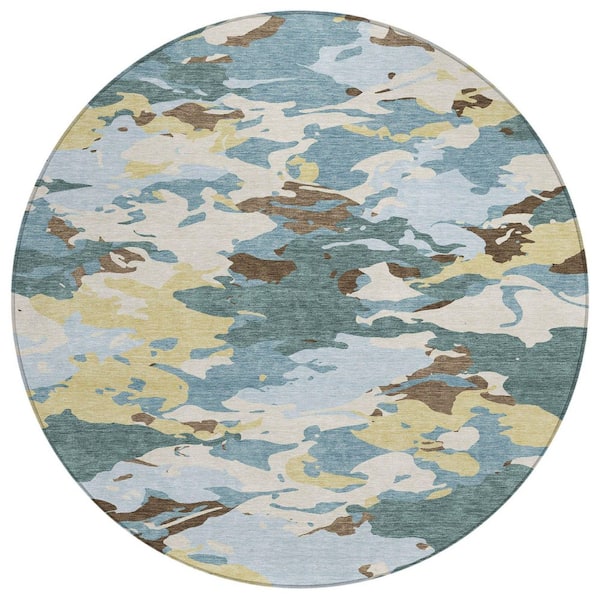 Chantille Machine Washable Indoor/Outdoor Abstract ACN2497 Teal 8 ft. x 8 ft. Round Rug