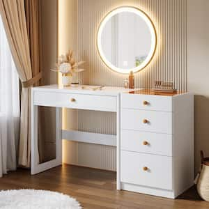 Ellie White Makeup Vanity Desk with 5 Drawers, Modern Dressing Table with Glass Top (No Mirror)