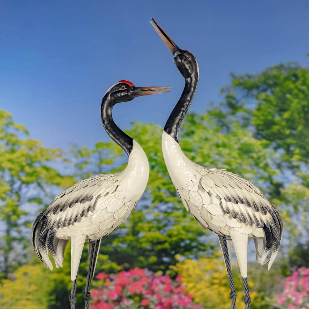 Set of 2 Tall Black-Necked White Iron Crane Garden Figurines