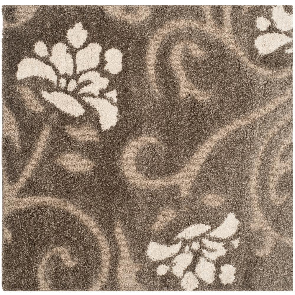 Smoke Beige Floral Sculpted Shag 4' Square Rug