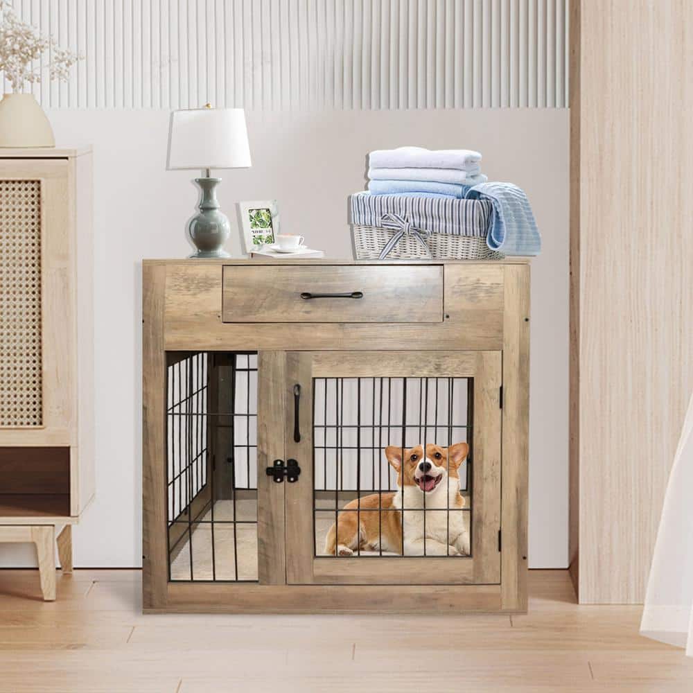 Medium Weathered Gray Dog Crate Furniture with Drawer and Hooks