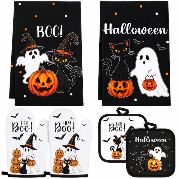 Multicolor Halloween Ghost Pattern Polyester Cotton Blend Kitchen Set, 6-Piece Towel, Pot Holder and Oven Mitt