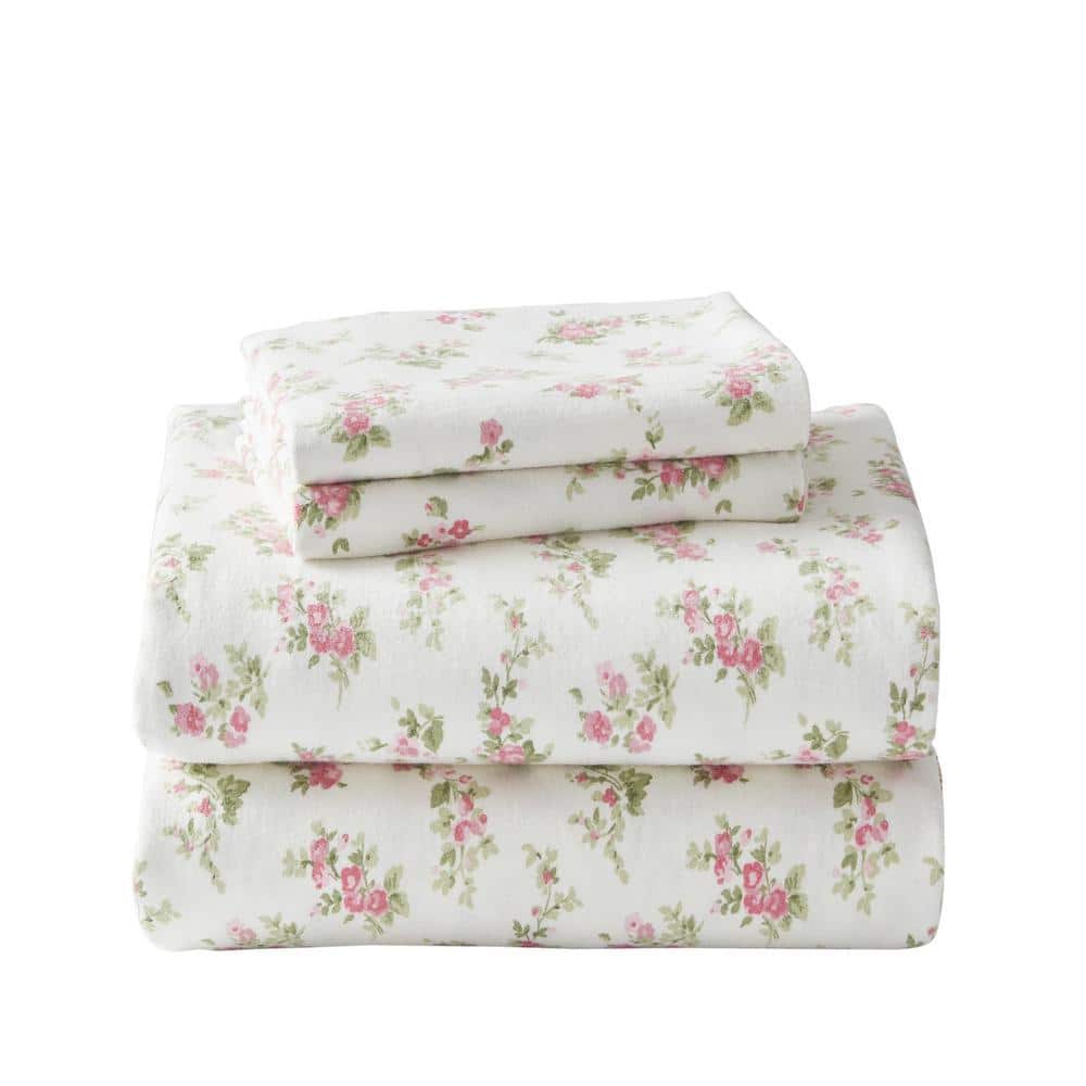 Laura Ashley Audrey 4-Piece Pink Floral Flannel Queen Sheet Set