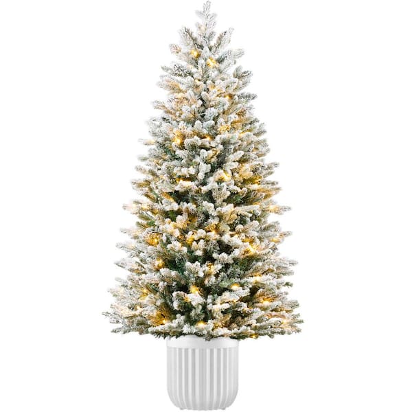 6 ft. Flocked White Aspen Realistic Pre-Lit Artificial Christmas Tree with Pot