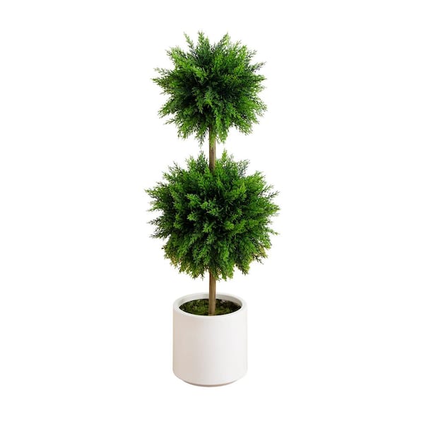 Nearly Natural 3. 5 ft. UV Resistant Artificial Cedar Double Ball Topiary Tree in White Decorative Planter (Indoor/Outdoor)