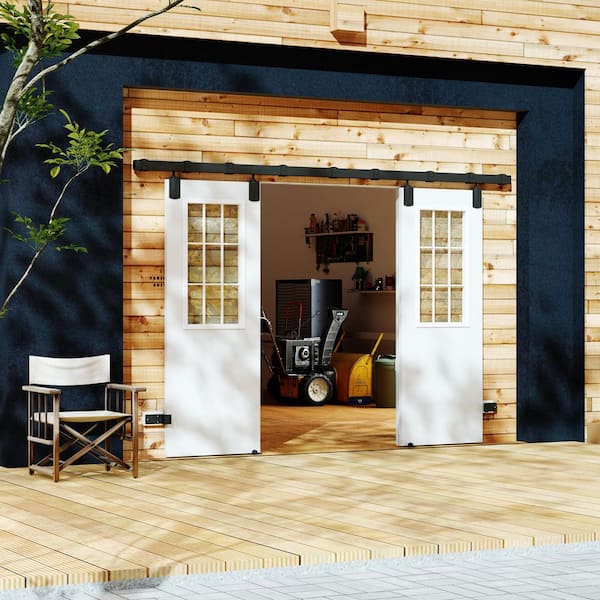 64 in. x 80 in. 9 Lite, Clear Glass, White Primed, Composite Sliding Barn Door with Hardware Kit