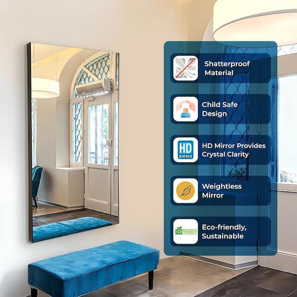 26 in. x 60 in. Glassless Mirror with Lightweight, Shatterproof Design and Black Finish for Home, Gym, or Studio