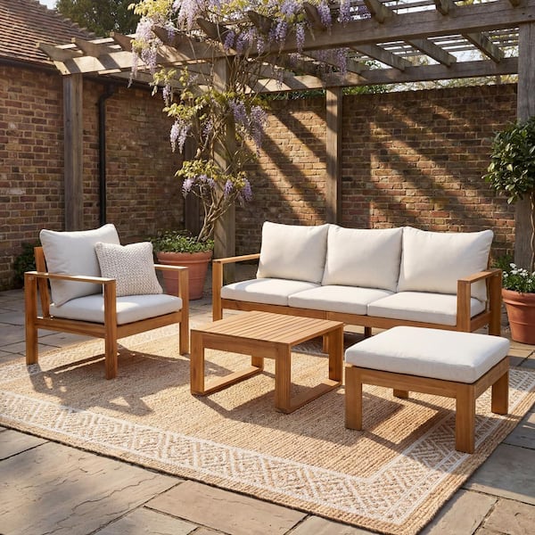 Sudzendf Teak 4-Piece Acacia Wood Outdoor Patio Conversation Set with ...