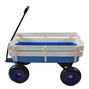 Capacity 3 cu. ft. Outdoor Metal Garden Cart All-Terrain Tractionwith Wooden Railings Suitable for Lawn Backyard Blue